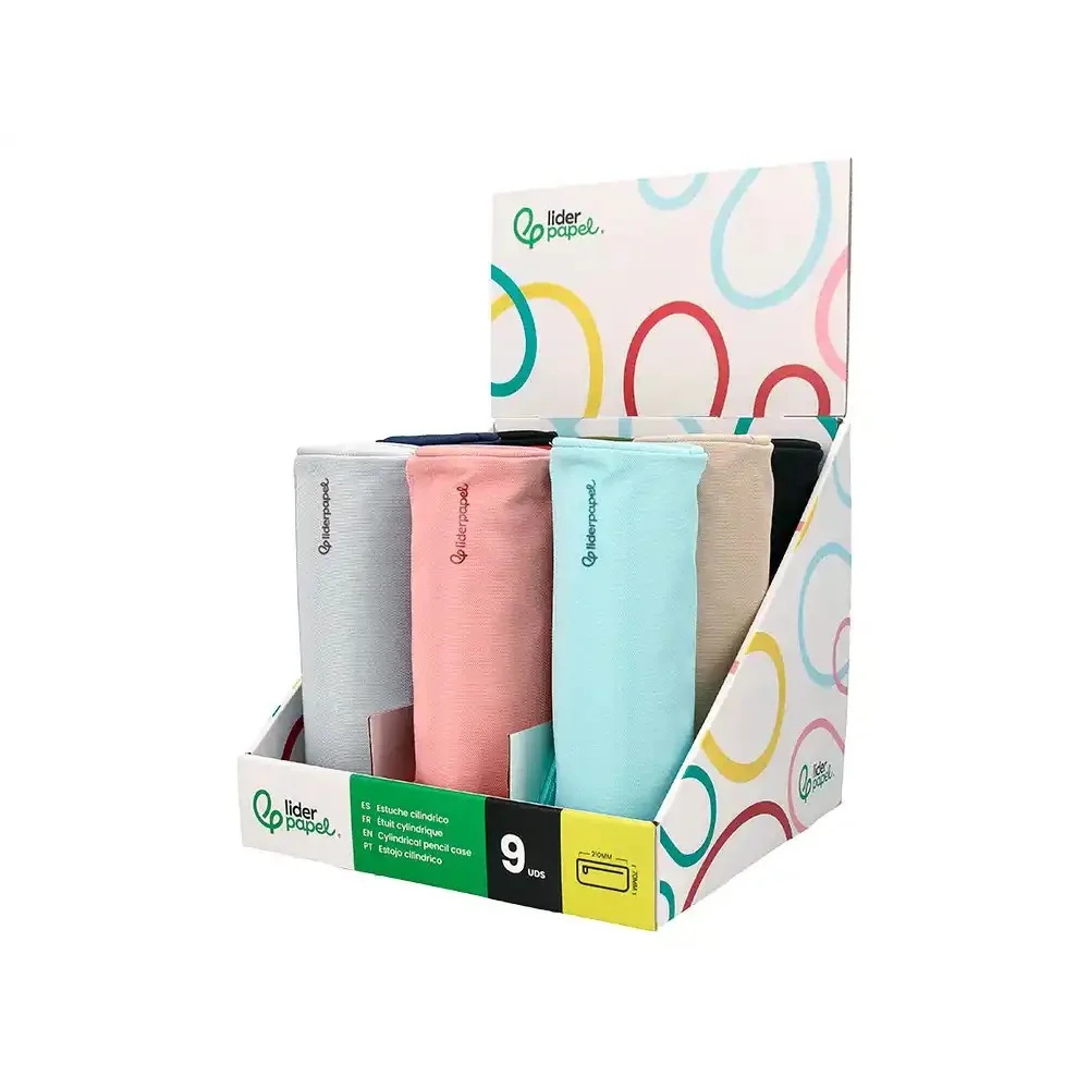 Expositor C/ 9 Estojos Escolares Liderpapel Classic Cilindrico Largo 210x70mm Cor Sortida