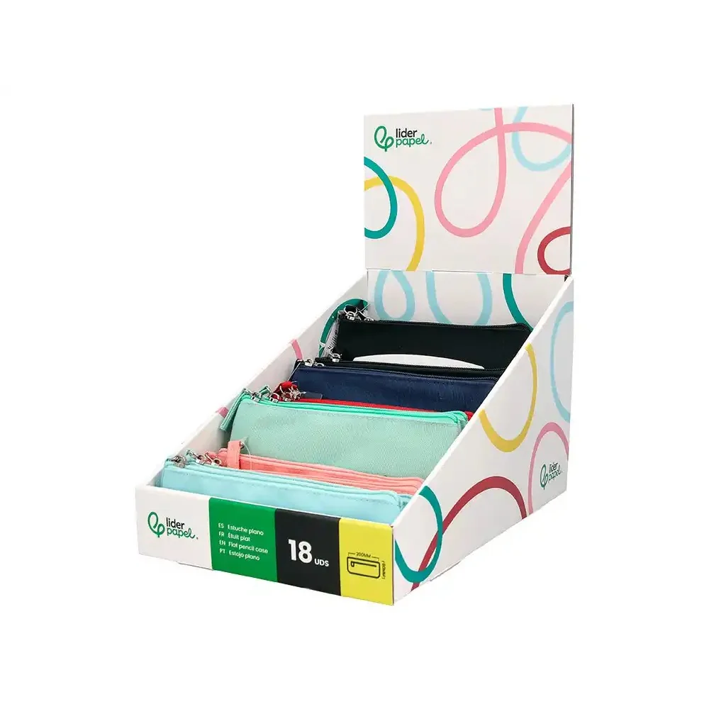 Expositor C/ 18 Estojos Escolares Liderpapel Planos Estreitos C/ Fecho 200x60mm Cores Sortidas