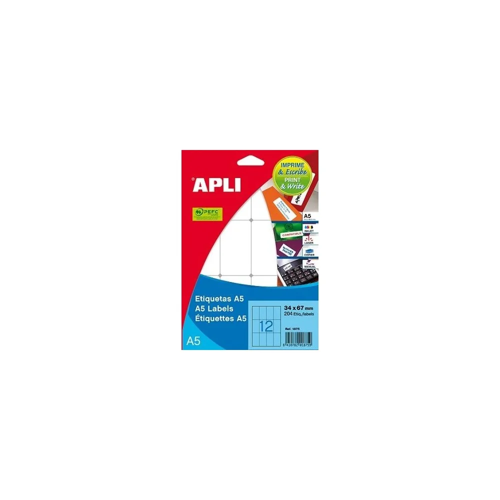 85126001861 - Etiquetas Adesivas Brancas APLI A5 1861 12x30mm 990 Etiq. 12fls
